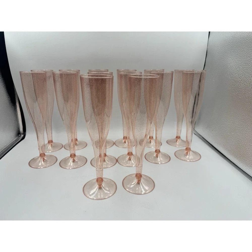 Set Of 14 Rose Gold Pink Disposable Glitter Plastic Champagne Glasses